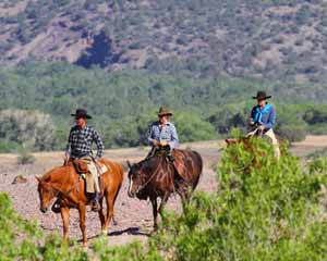 Ranch Guests Ebba, Inger and Jorge Riding Horses Out to the Herd